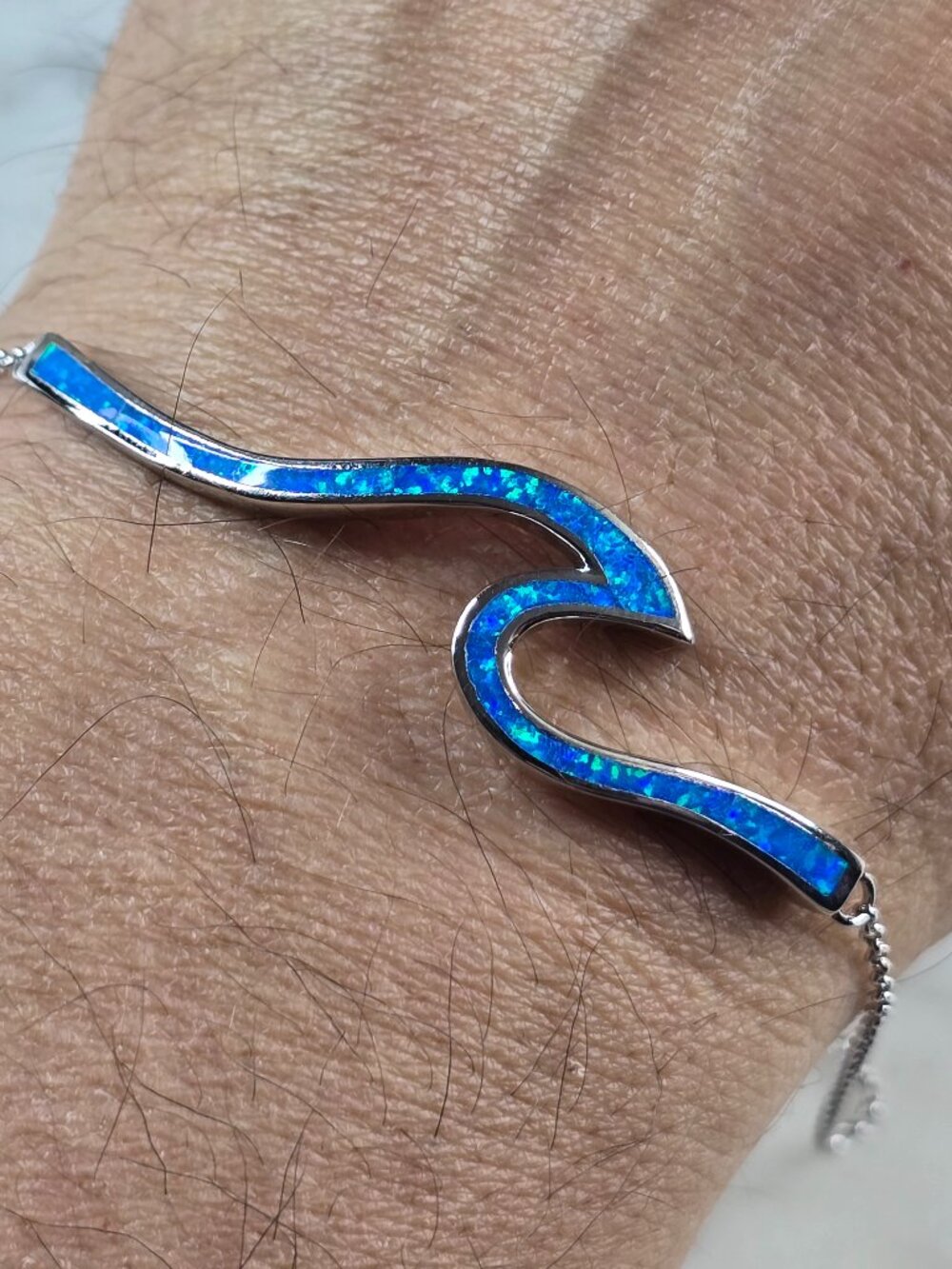 Womens Sterling Silver Blue Opal Tsunami Wave Adjustable Bracelet 8.4g E840